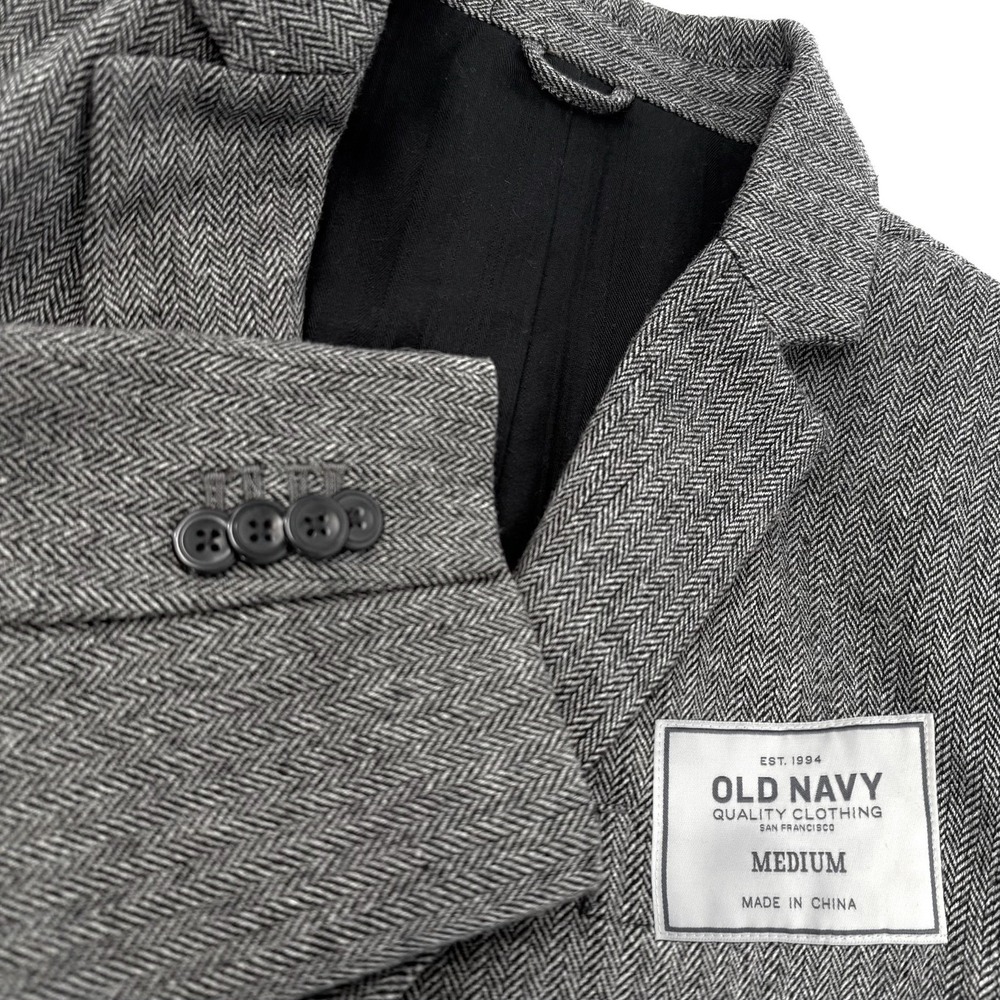 Old Navy Men Herringbone Blazer‎ Size Medium Gray Y2K Tweed Sport Coat Jacket